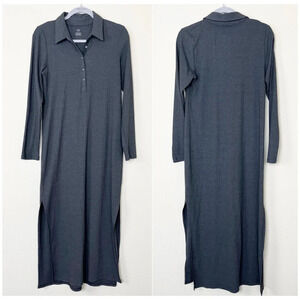 Aerie Ribbed Henley Shirt Dress Womens‎ Large Midi Long Sleeve Side Slit Gray